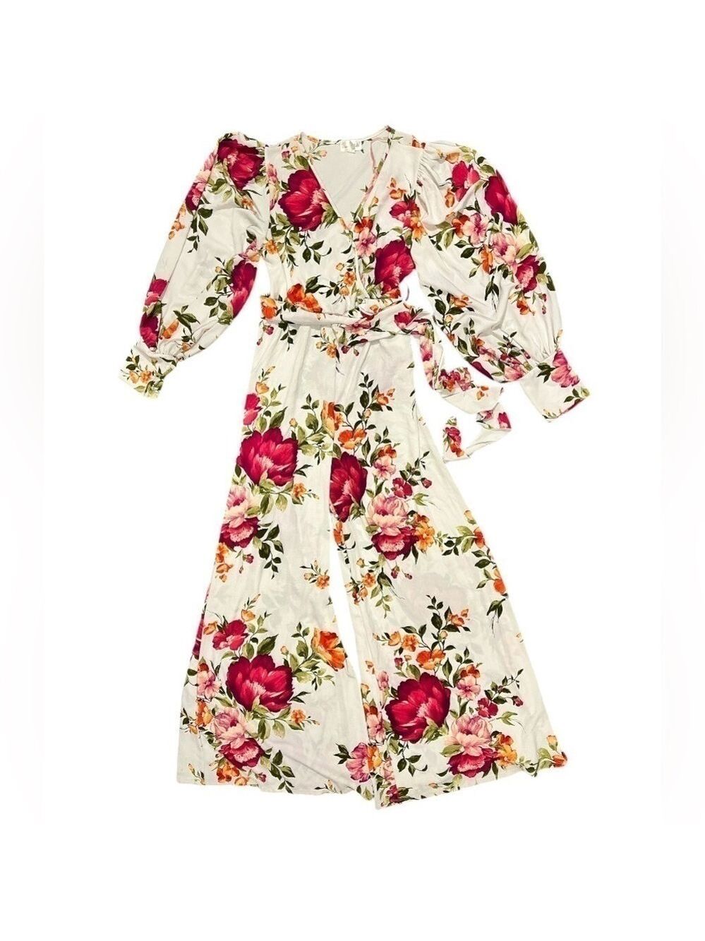 Karen T Design JUMPSUIT Floral Boho Cottagecore Balloon Sleeves Wide Leg XL